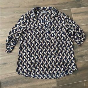 Parrot patterned collared 3/4 sleeve blouse XXL